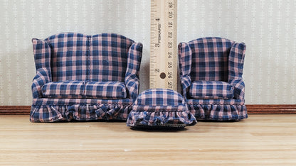 Dollhouse Small Sofa Chair Ottoman Navy & Pink Plaid 1:12 Scale Miniature Furniture