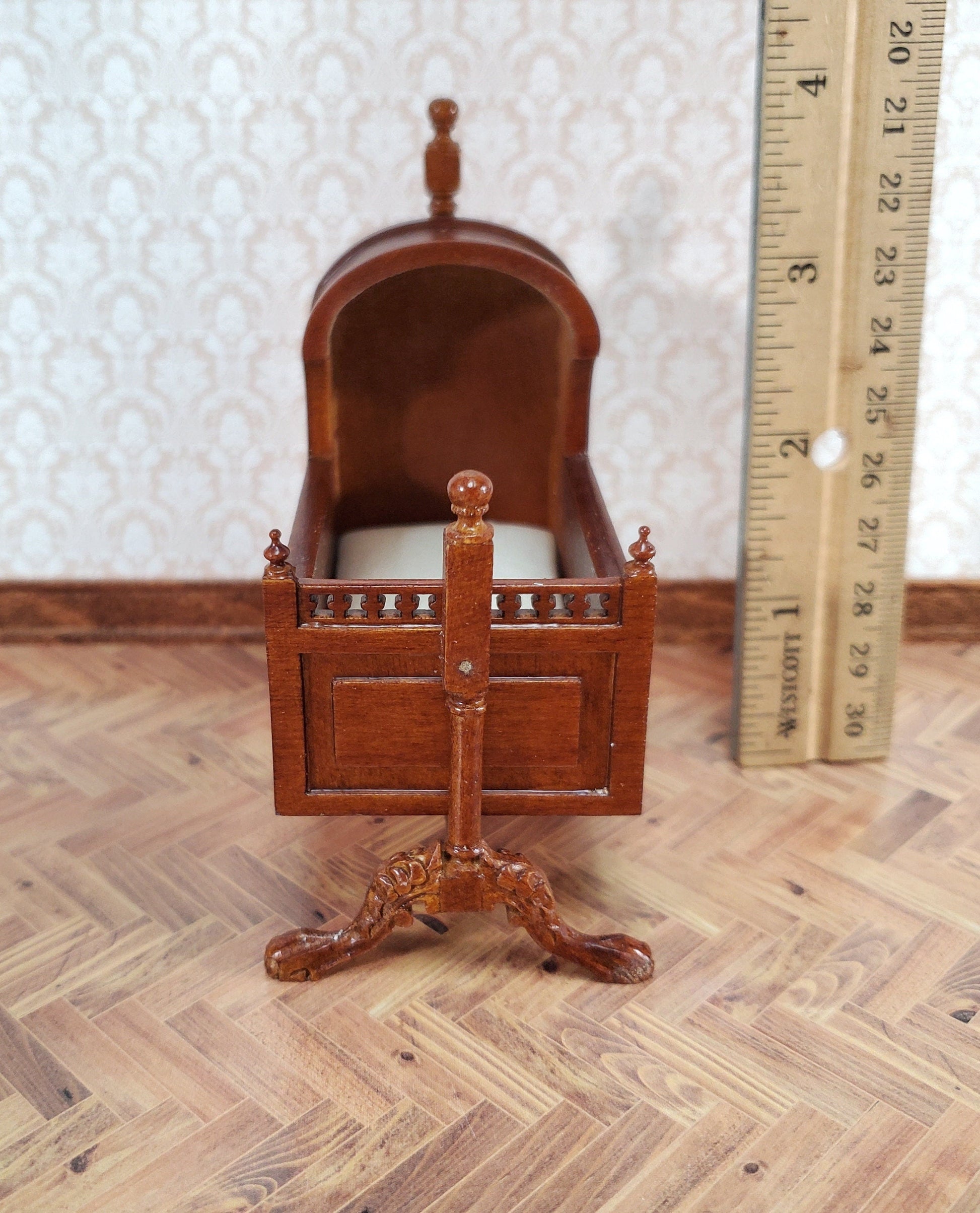 JBM Miniature Hooded Cradle Rocking 15th Century Style 1:12 Scale Furniture Walnut Finish