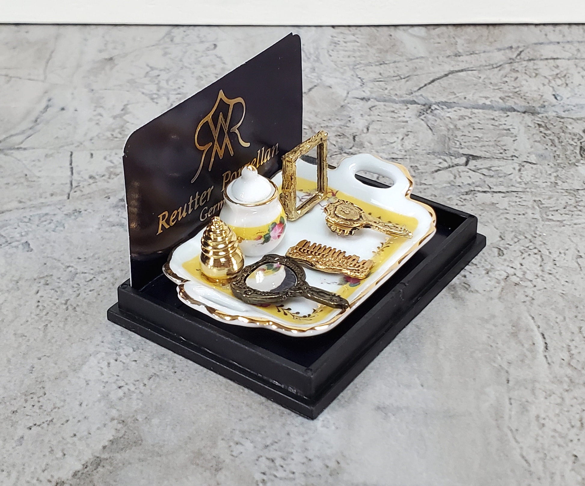 Dollhouse Vanity Set Mirror Comb Perfume Brush Reutter Porcelain 1:12 Scale Miniature
