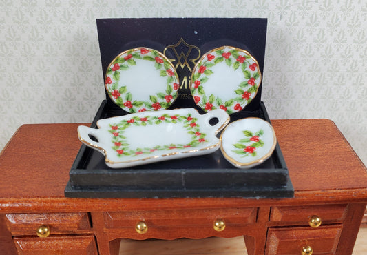 Dollhouse Plates & Tray Mistletoe Reutter Porcelain 1:12 Scale Miniatures