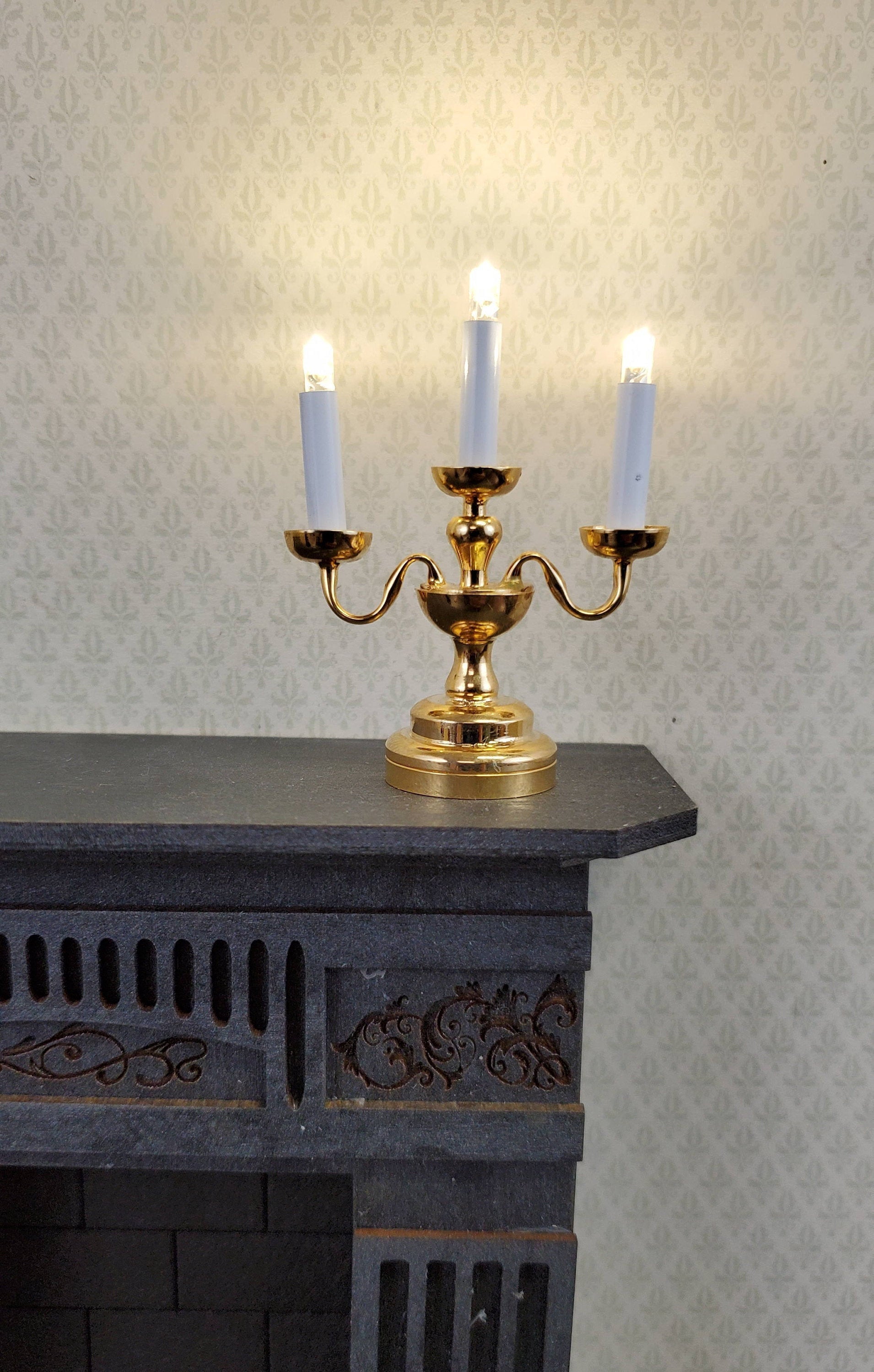 Dollhouse Miniature Battery Light Candelabra 3 Arm Gold 1:12 Scale Lamp