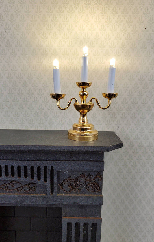 Dollhouse Miniature Battery Light Candelabra 3 Arm Gold 1:12 Scale Lamp