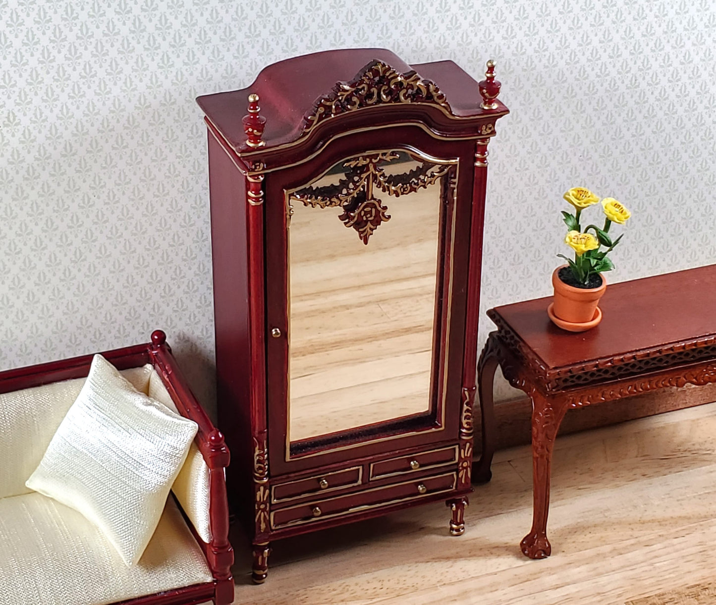 Dollhouse Mirrored Wardrobe Mahogany Finish 1:12 Scale by Hansson Miniatures