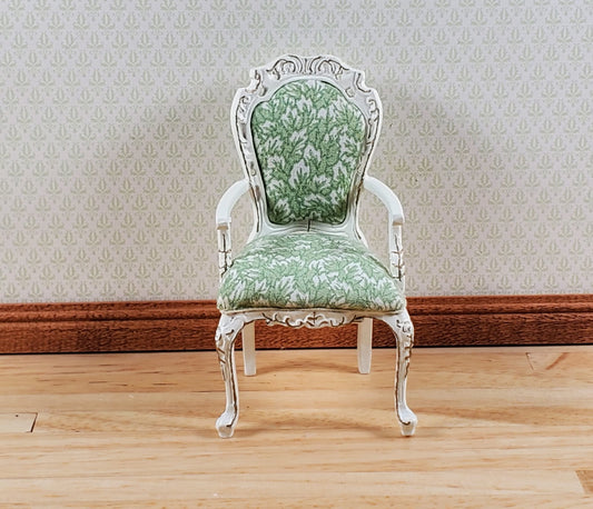 Dollhouse White & Gold Arm Chair Green Fern Fabric 1:12 Scale Furniture Hansson