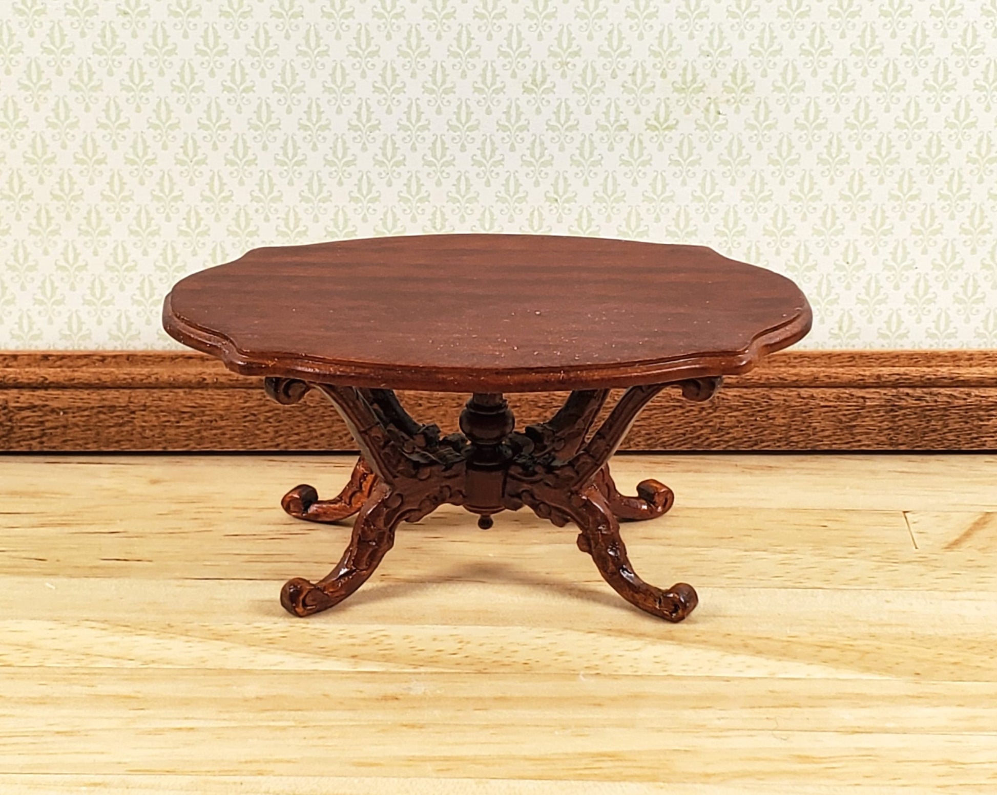 Dollhouse Victorian Coffee Table Oval Walnut Finish 1:12 Scale Miniature