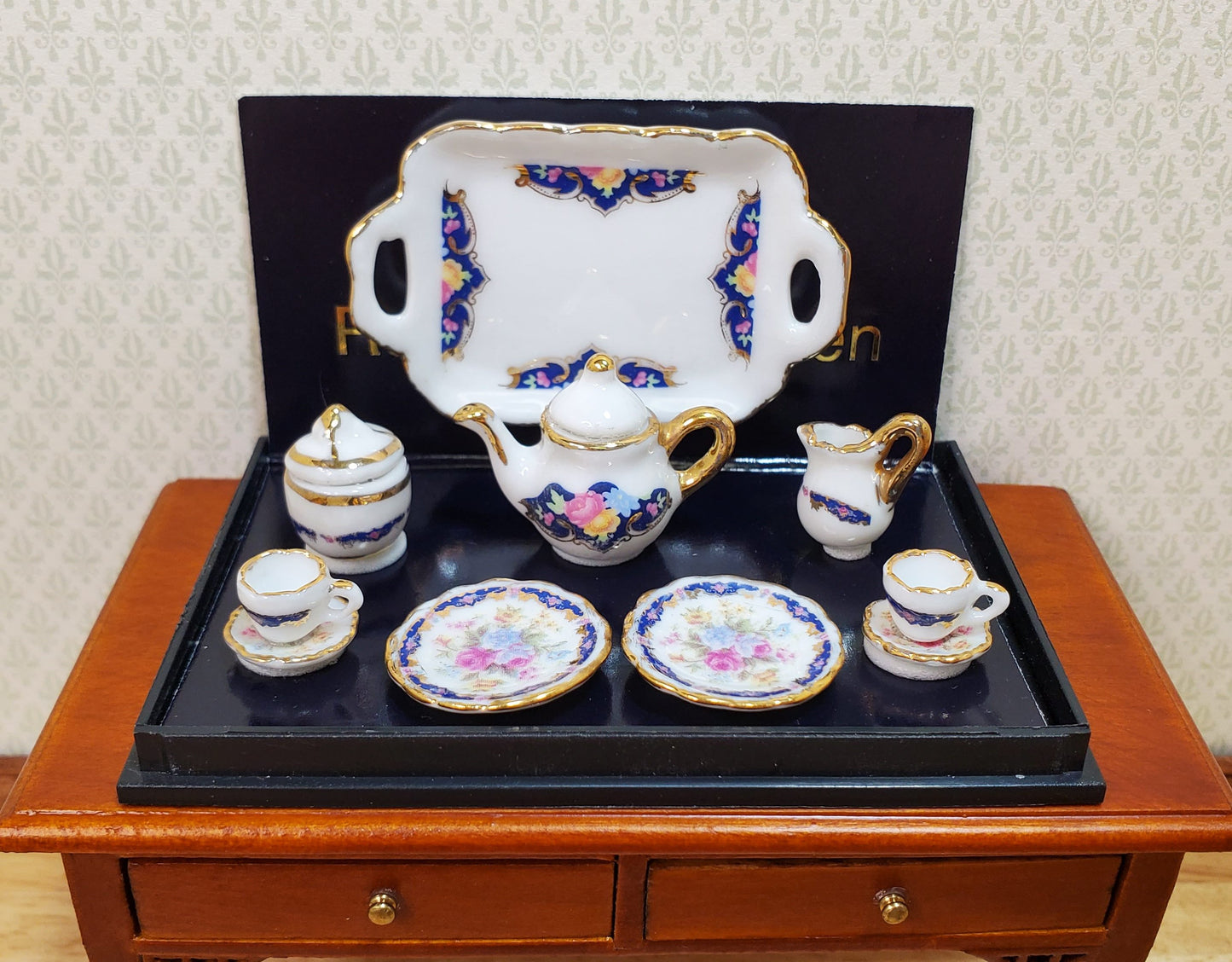 Dollhouse Tea Set Reutter Porcelain Royal Blue 1:12 Scale Plates Tray Cups