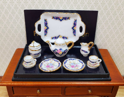 Dollhouse Tea Set Reutter Porcelain Royal Blue 1:12 Scale Plates Tray Cups