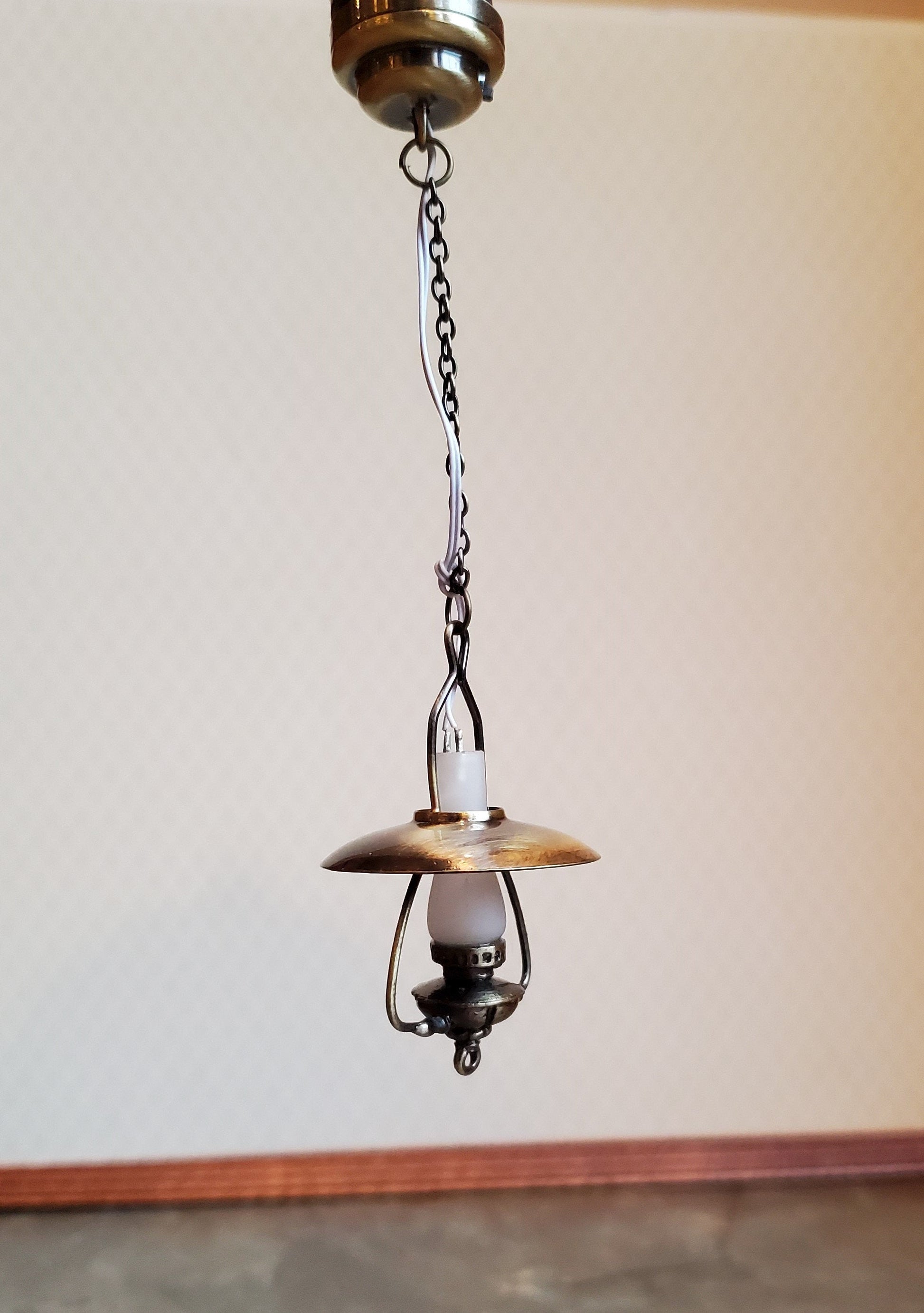 Dollhouse Miniature Battery Light "Gas" Ceiling Light Aged Brass 1:12 Scale Lantern