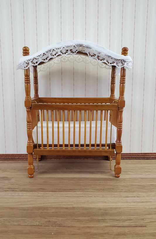 Dollhouse Miniature Canopy Crib Walnut Finish 1:12 Scale Nursery Furniture