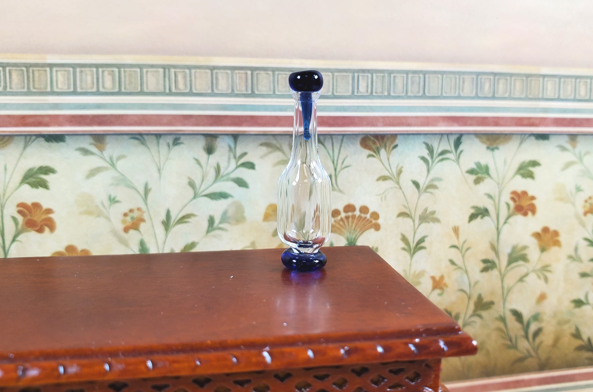 Dollhouse Blue Trim Glass Bottle with Top 1:12 Scale Miniature Decoration Drinks