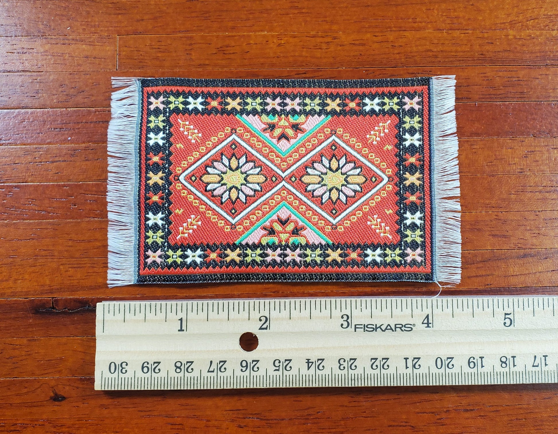 Dollhouse Rug Small HALF SCALE Fabric Red Black 4 1/2" x 2 1/2" 1:24 Miniature
