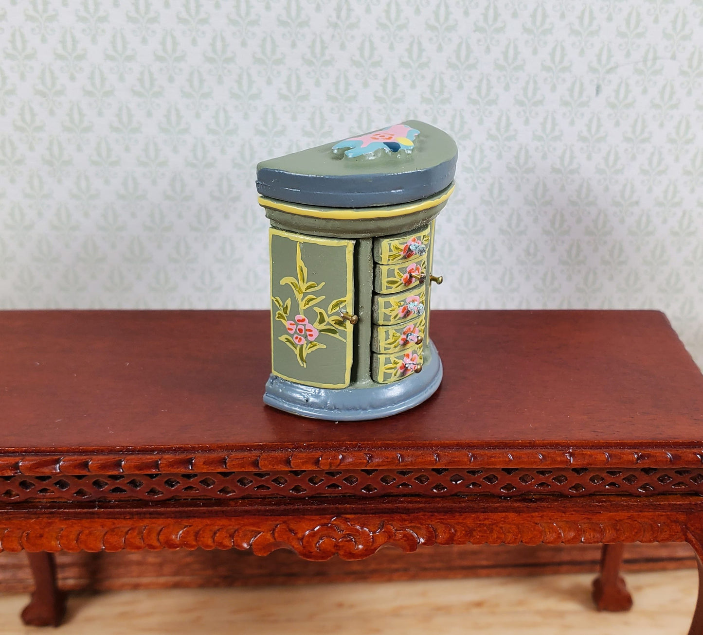 Dollhouse Wood Jewelry Box with Drawers Painted Detail 1:12 Scale Miniature