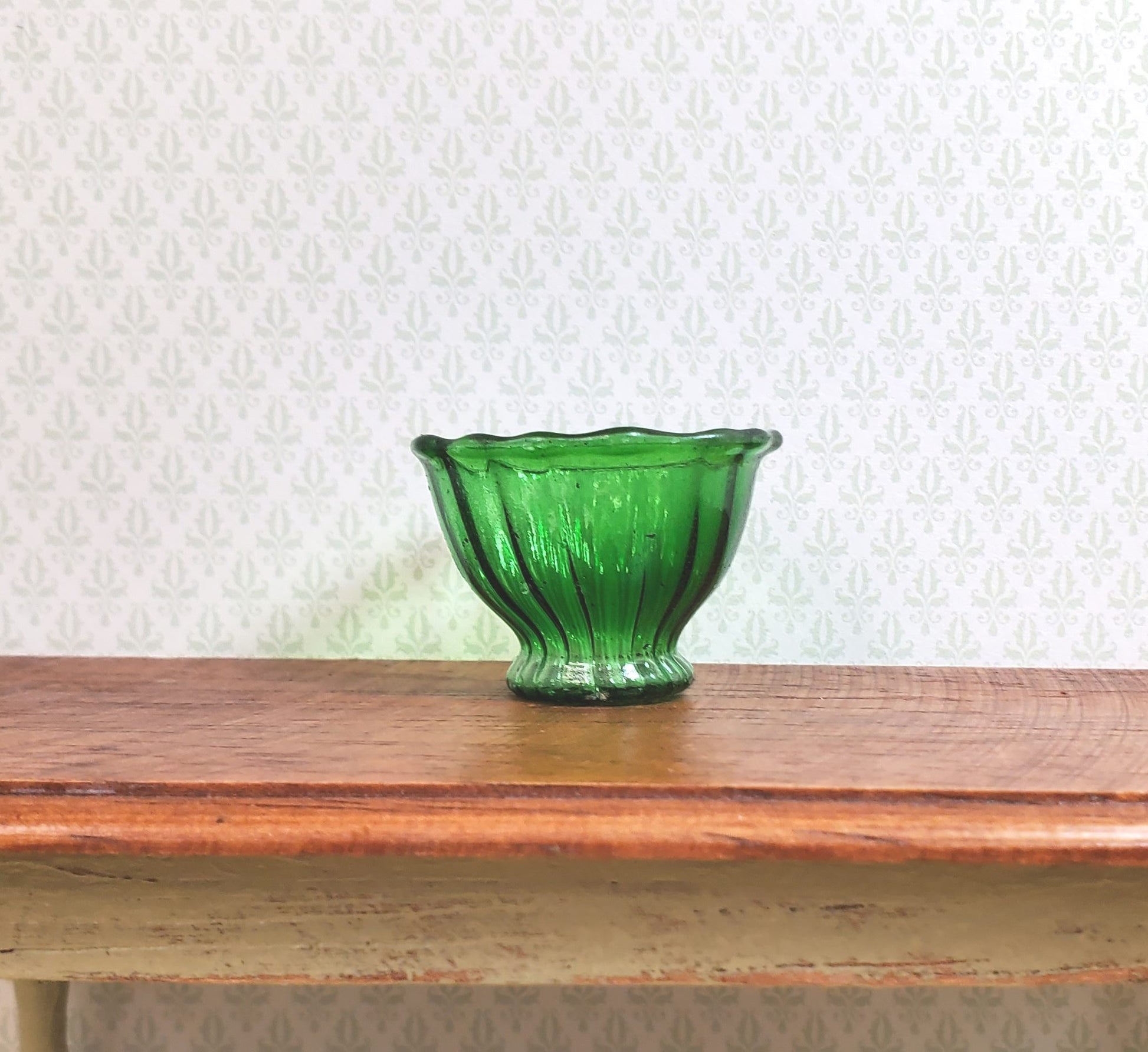Dollhouse Crystal Green Glass Flared Footed Bowl 1:12 Scale Some Color Flaw