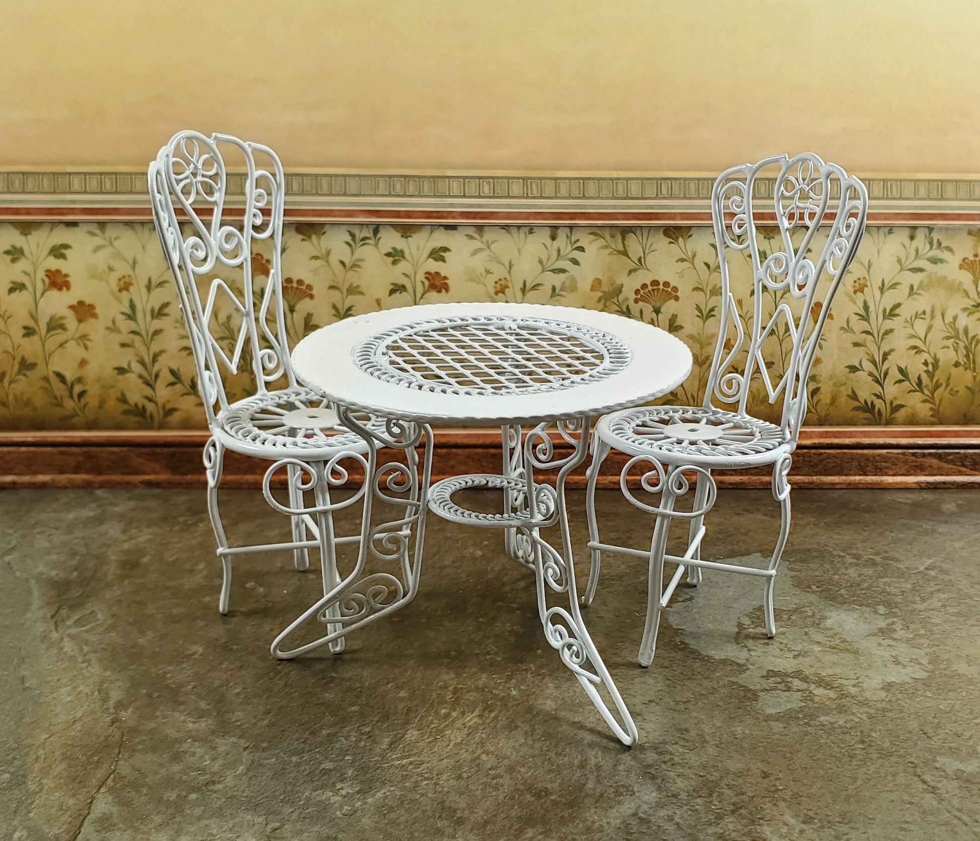 Dollhouse Patio Set White Metal Table 2 Chairs 1:12 Scale Fairy Garden Bistro