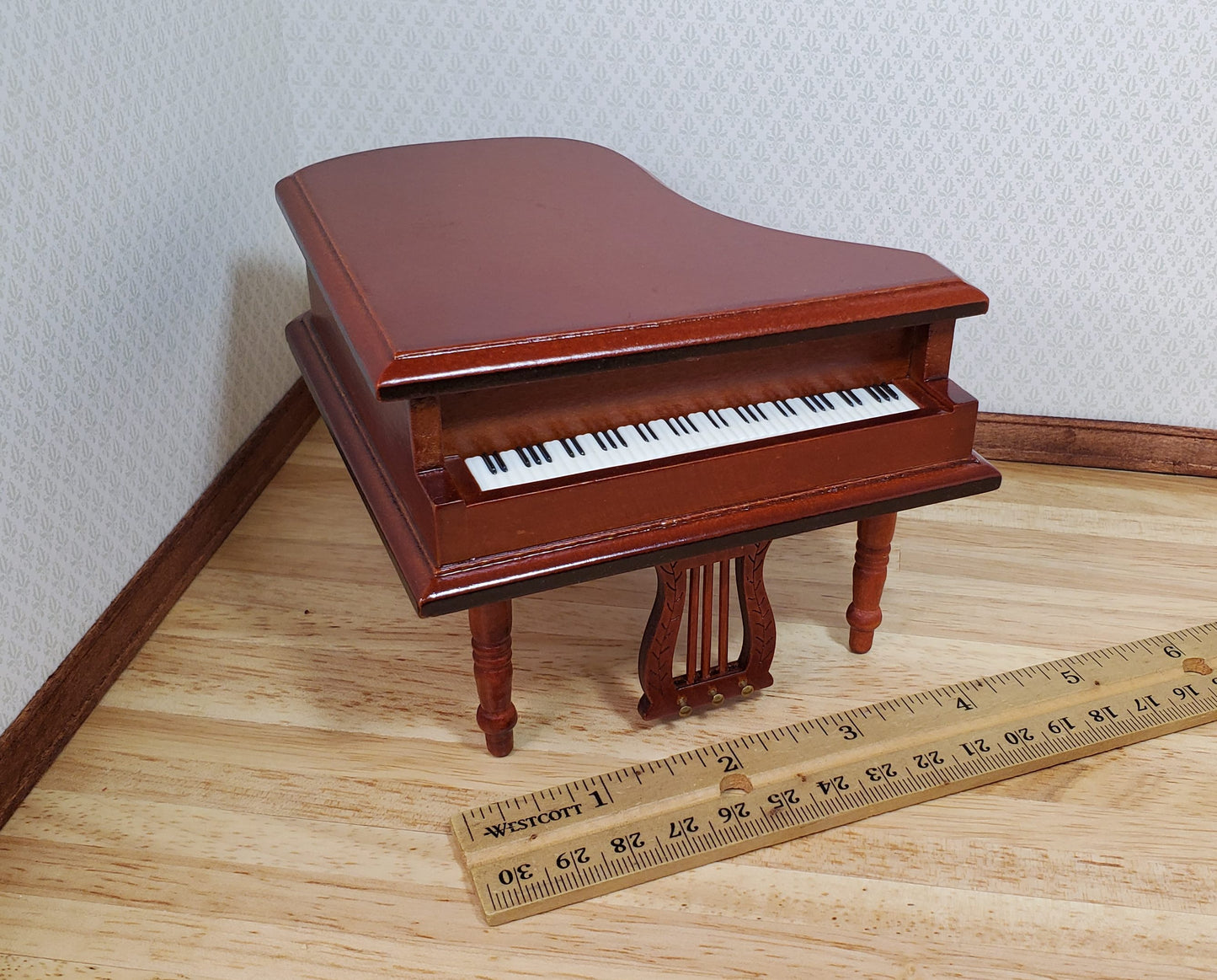 Dollhouse Grand Piano with Bench Seat Wood Instrument 1:12 Scale Miniature