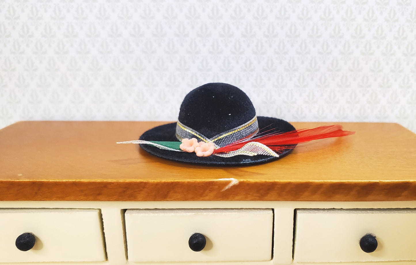Dollhouse Black Velvet Hat with Feather & Flowers Wearable 1:12 Scale Miniature