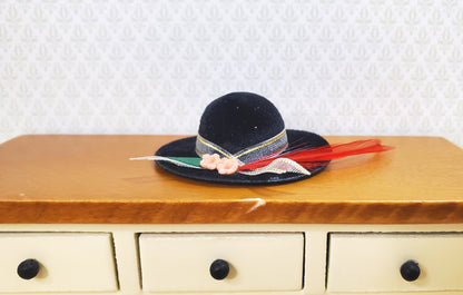 Dollhouse Black Velvet Hat with Feather & Flowers Wearable 1:12 Scale Miniature