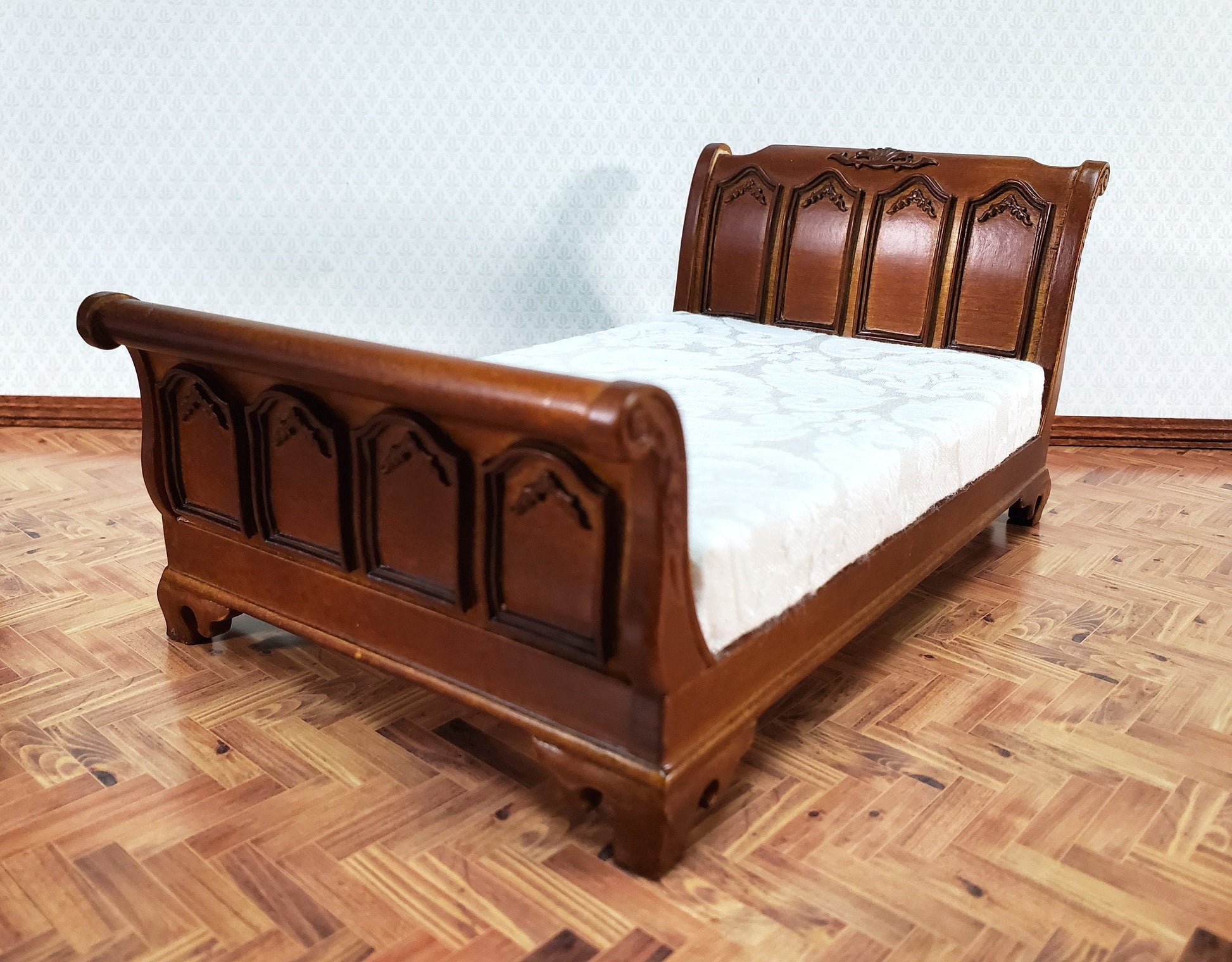 JBM Dollhouse Bed Large Victorian Style 1:12 Miniature Furniture Walnut Finish