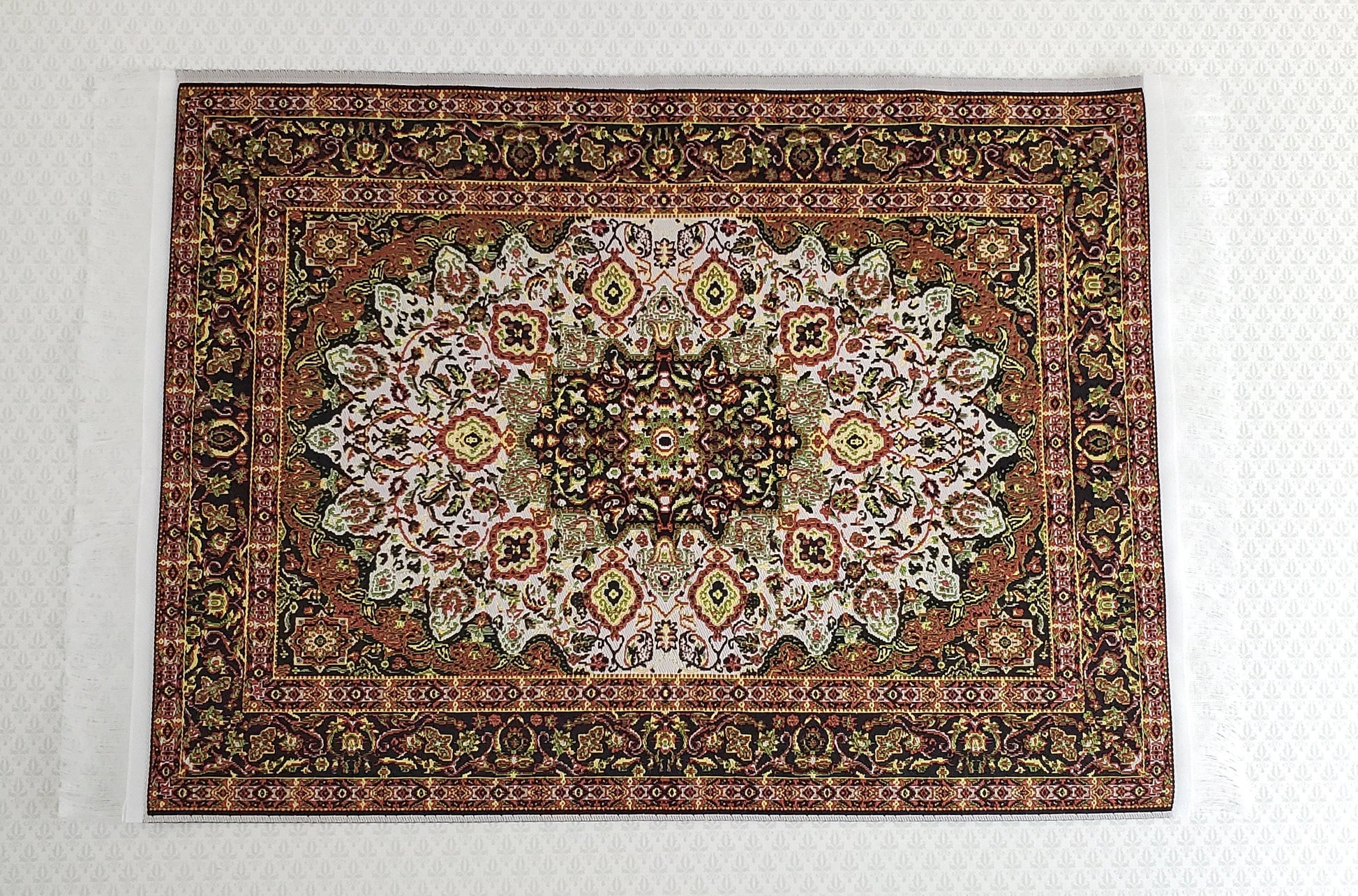 Dollhouse Miniature Rug Large Gold & Green with Fringe Full Room Carpet 1:12 Scale