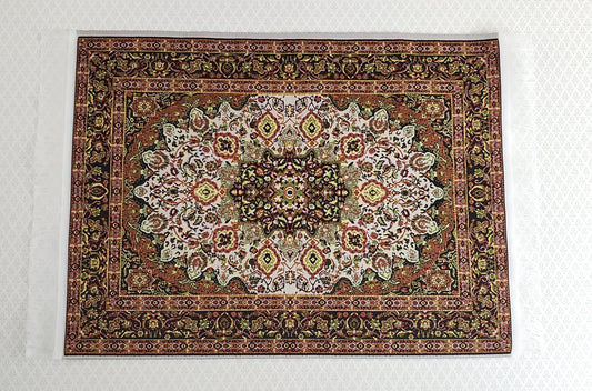 Dollhouse Miniature Rug Large Gold & Green with Fringe Full Room Carpet 1:12 Scale