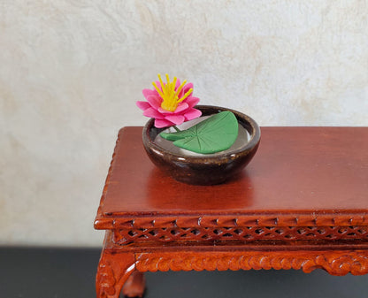 Dollhouse Pink Water Lily in Round Brown Bowl 1:12 Scale Miniature