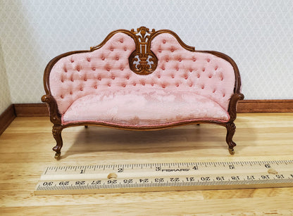 JBM Dollhouse Pink Settee Sofa Victorian Style Walnut Finish 1:12 Scale Couch