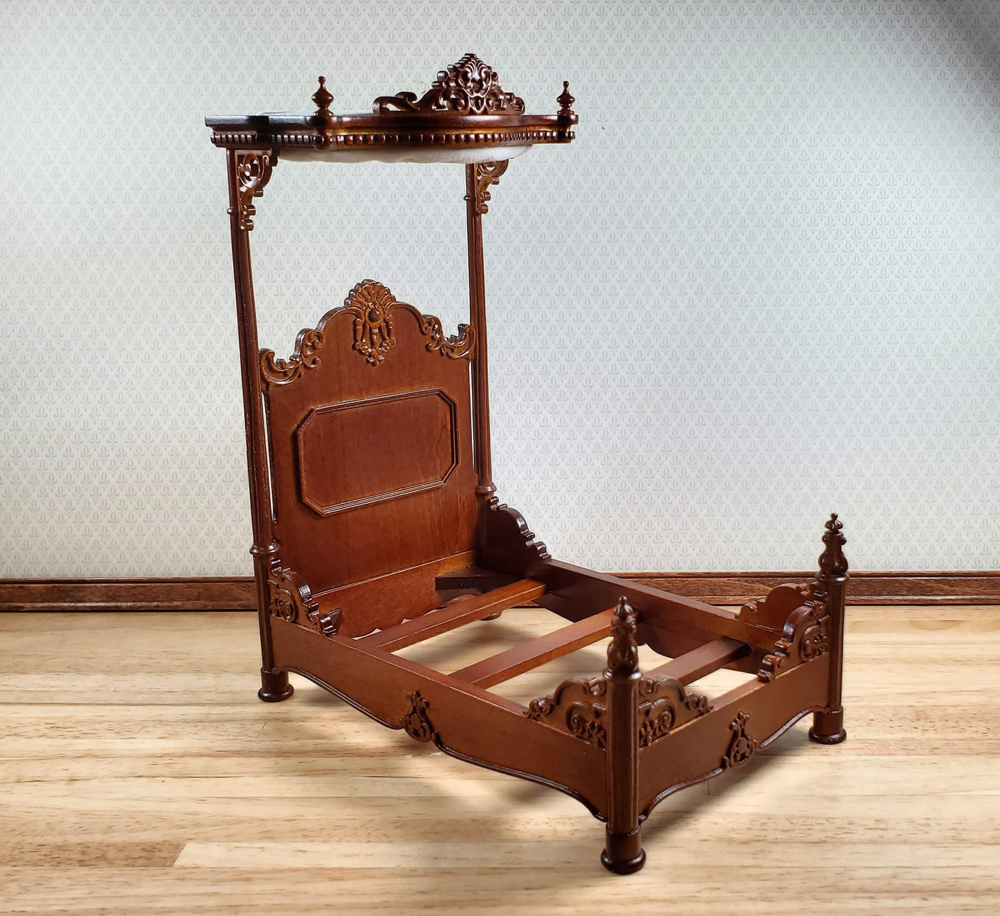 JBM Dollhouse Bed Large Victorian with Canopy 1:12 Scale Furniture Walnut Finish
