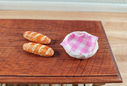 Dollhouse 2 Loaves of Bread in a White Basket with Pink Gingham 1:12 Scale