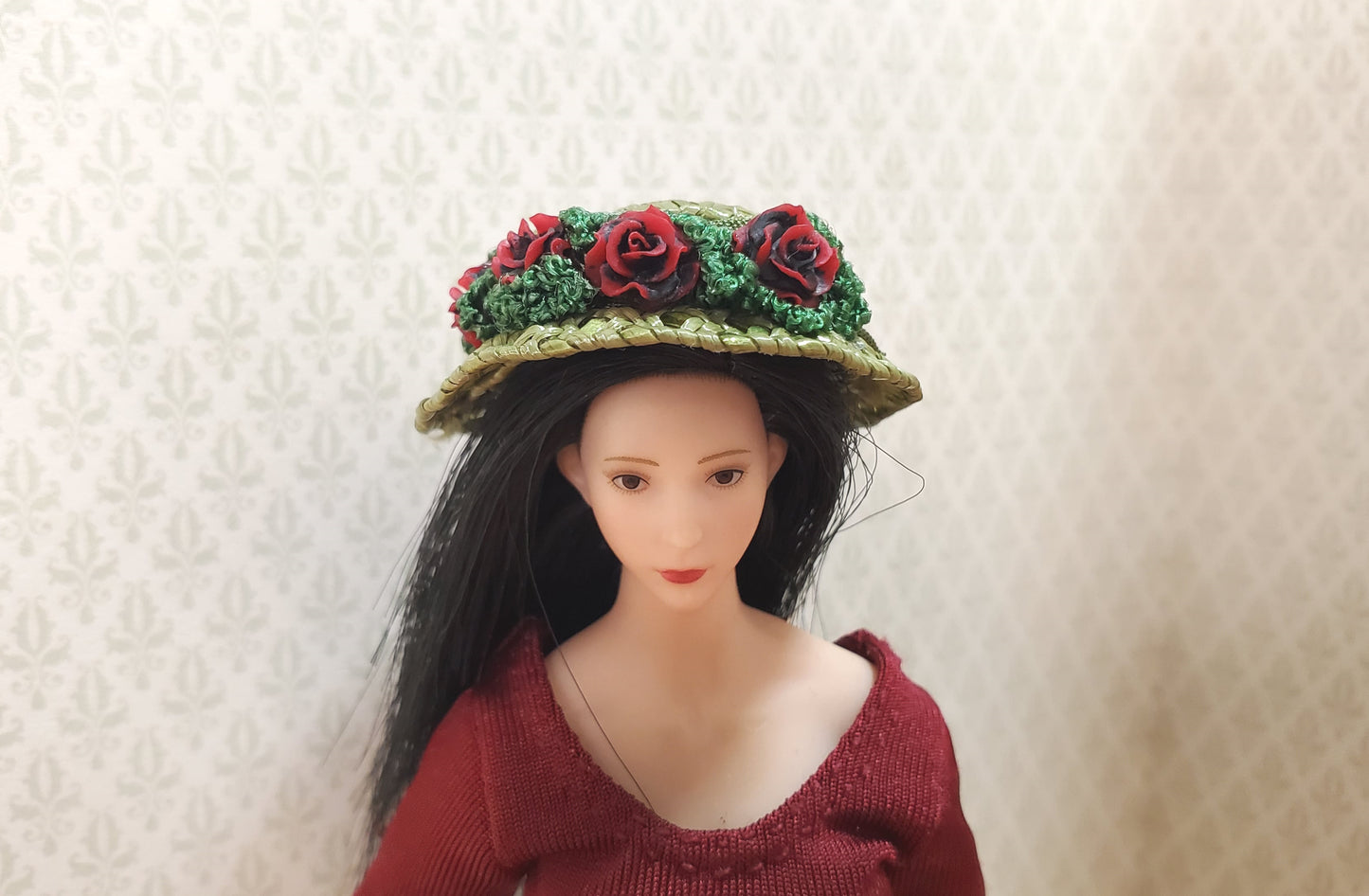 Dollhouse Victorian Hat Green with Red Roses Handmade 1:12 Scale Miniature