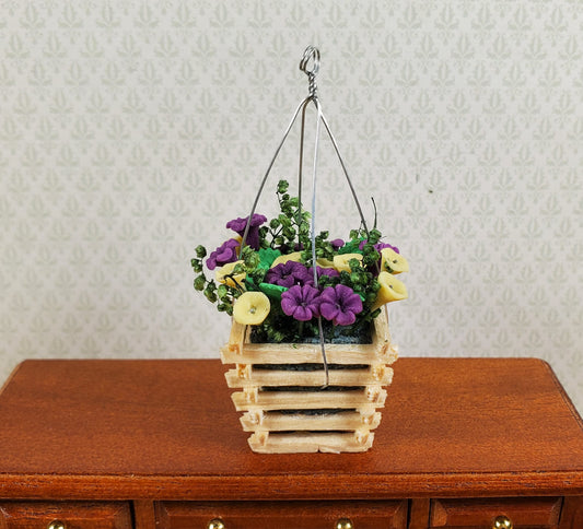 Dollhouse Yellow & Lavender Flowers in Wood Hanging Basket 1:12 Scale Miniature