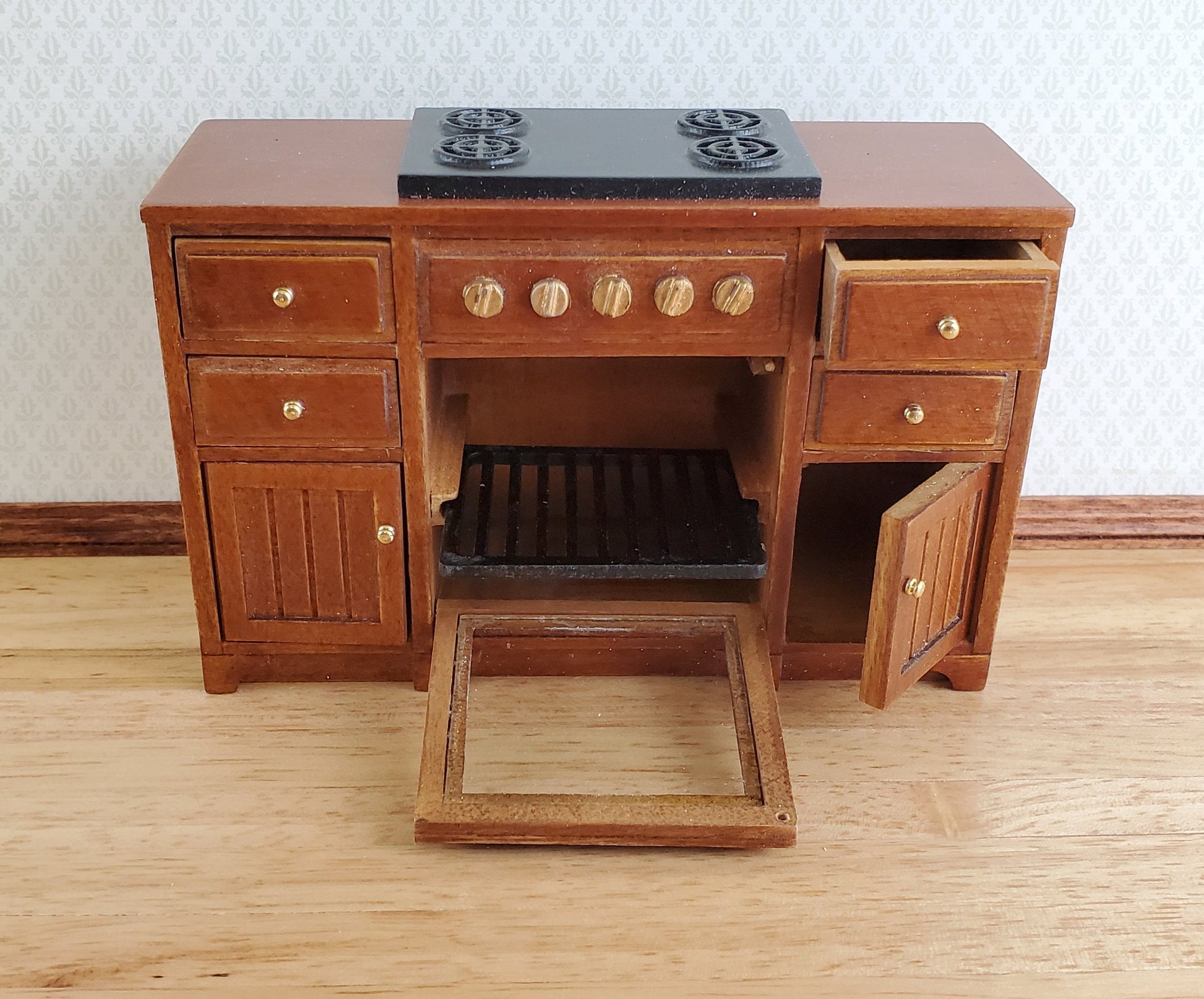 JBM Dollhouse Miniature Kitchen Stove Oven Cabinet Walnut 1:12 Scale Cupboard
