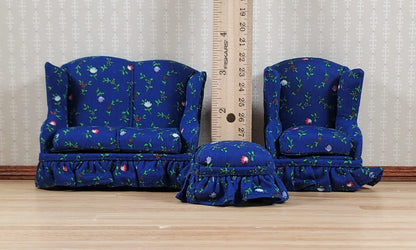 Dollhouse Small Sofa Chair Ottoman Dark Blue Floral 1:12 Scale Miniature Furniture