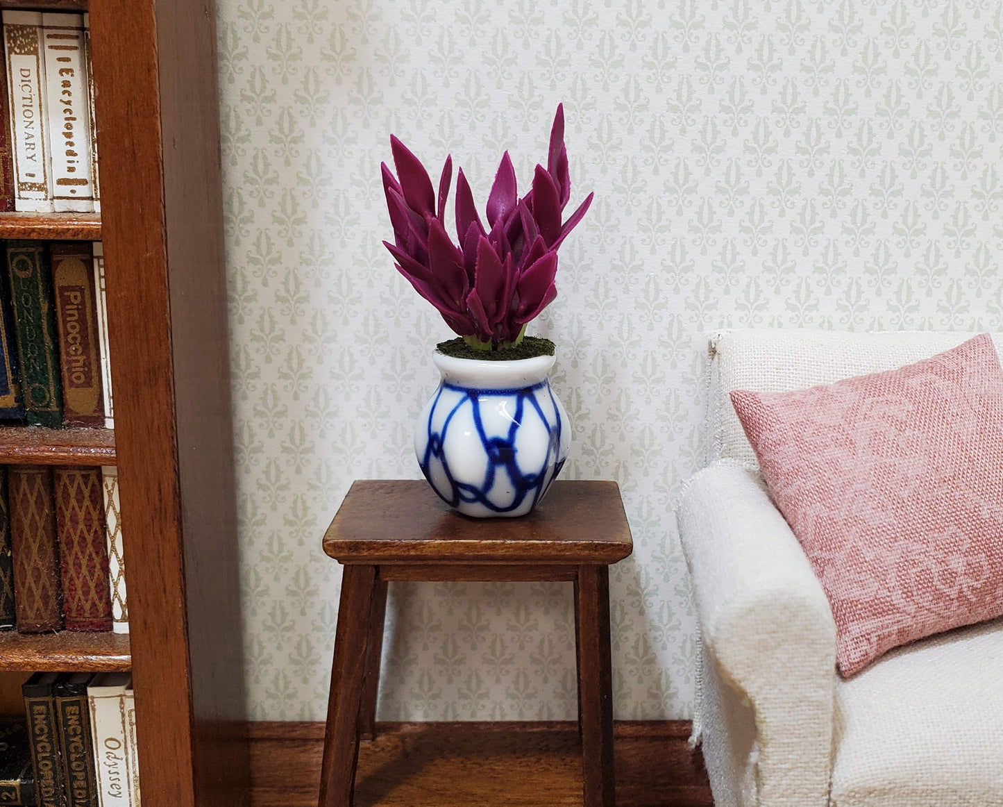 Dollhouse Purple Houseplant in Blue and White Ceramic Pot 1:12 Scale Miniature