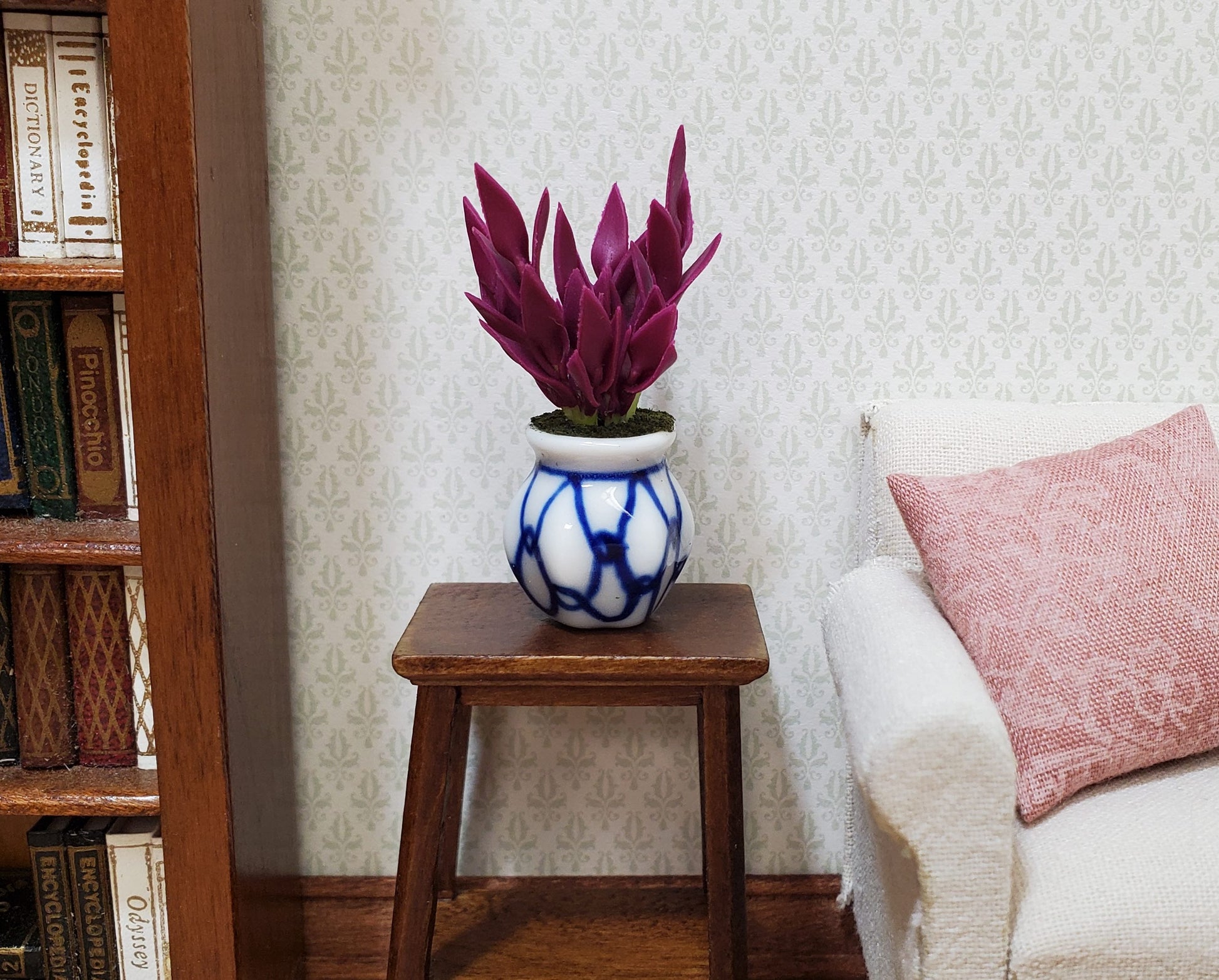 Dollhouse Purple Houseplant in Blue and White Ceramic Pot 1:12 Scale Miniature