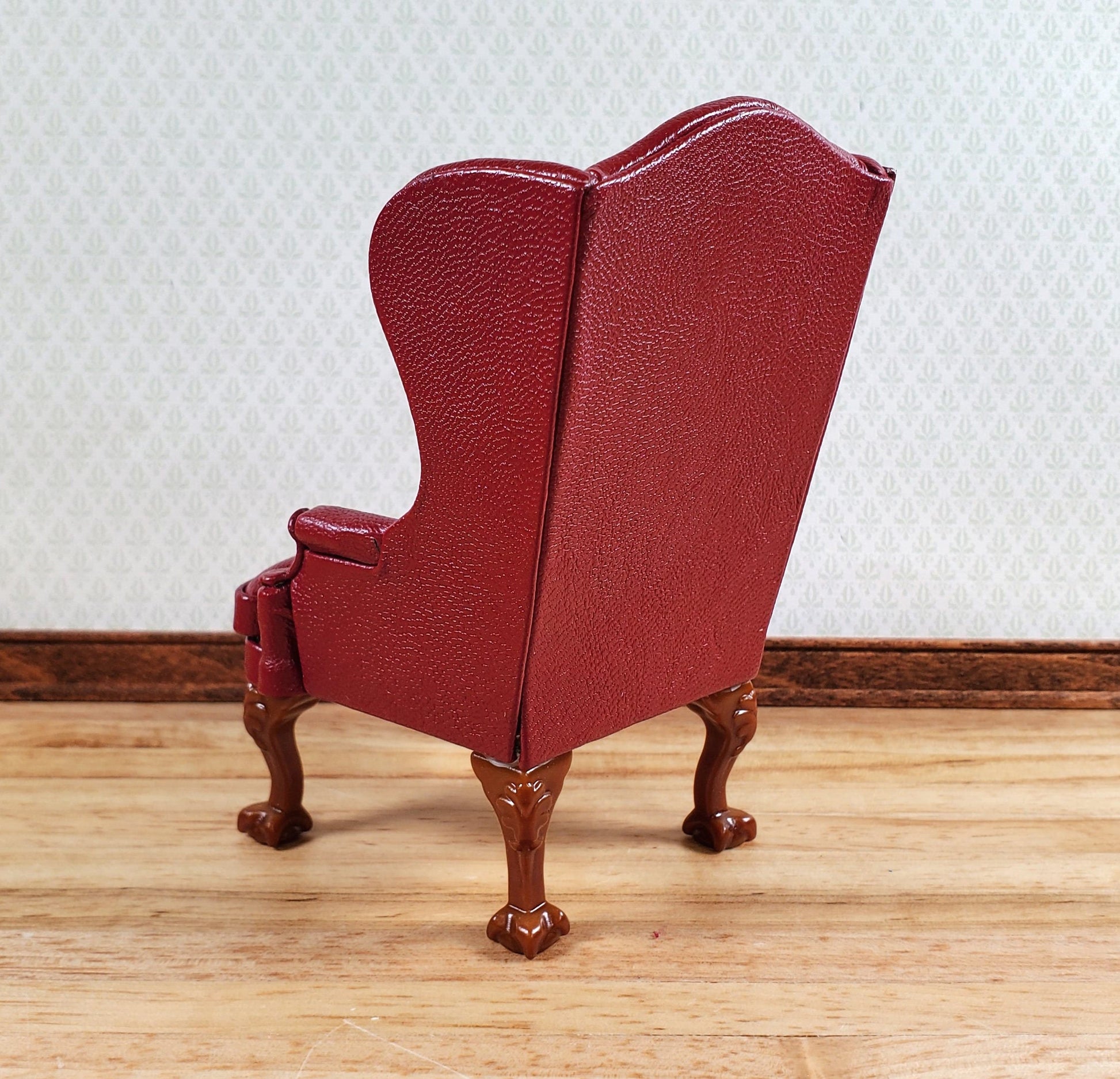 Dollhouse Miniature Wing Back Arm Chair Dark Red 1:12 Scale Furniture Faux Leather