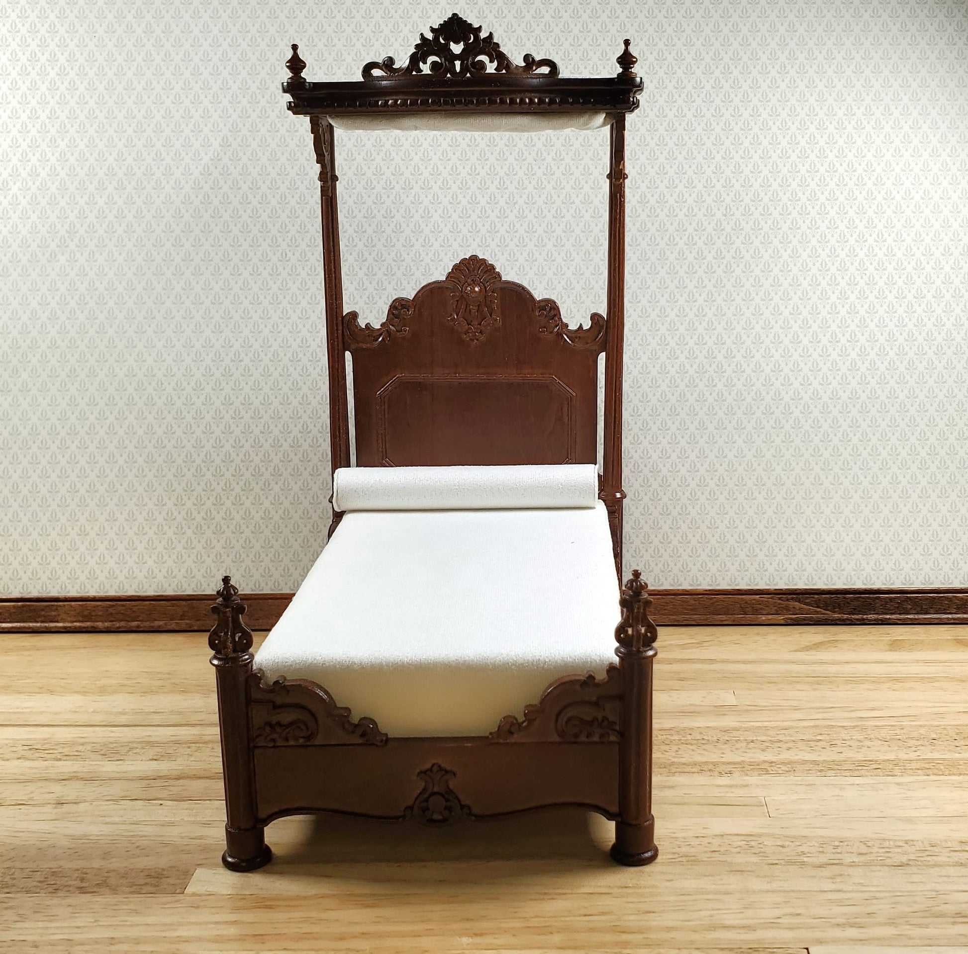 JBM Dollhouse Bed Large Victorian with Canopy 1:12 Scale Furniture Walnut Finish