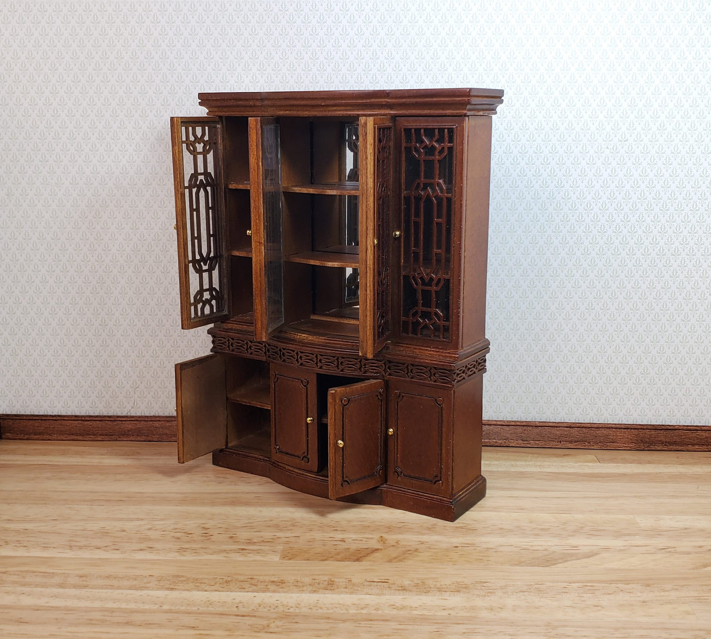 JBM Dollhouse Breakfront China Cabinet Walnut Finish 1:12 Scale Furniture
