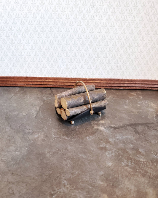 Dollhouse Miniature Fireplace Log Rack Holder with Logs Black Gold Metal 1:12 Scale