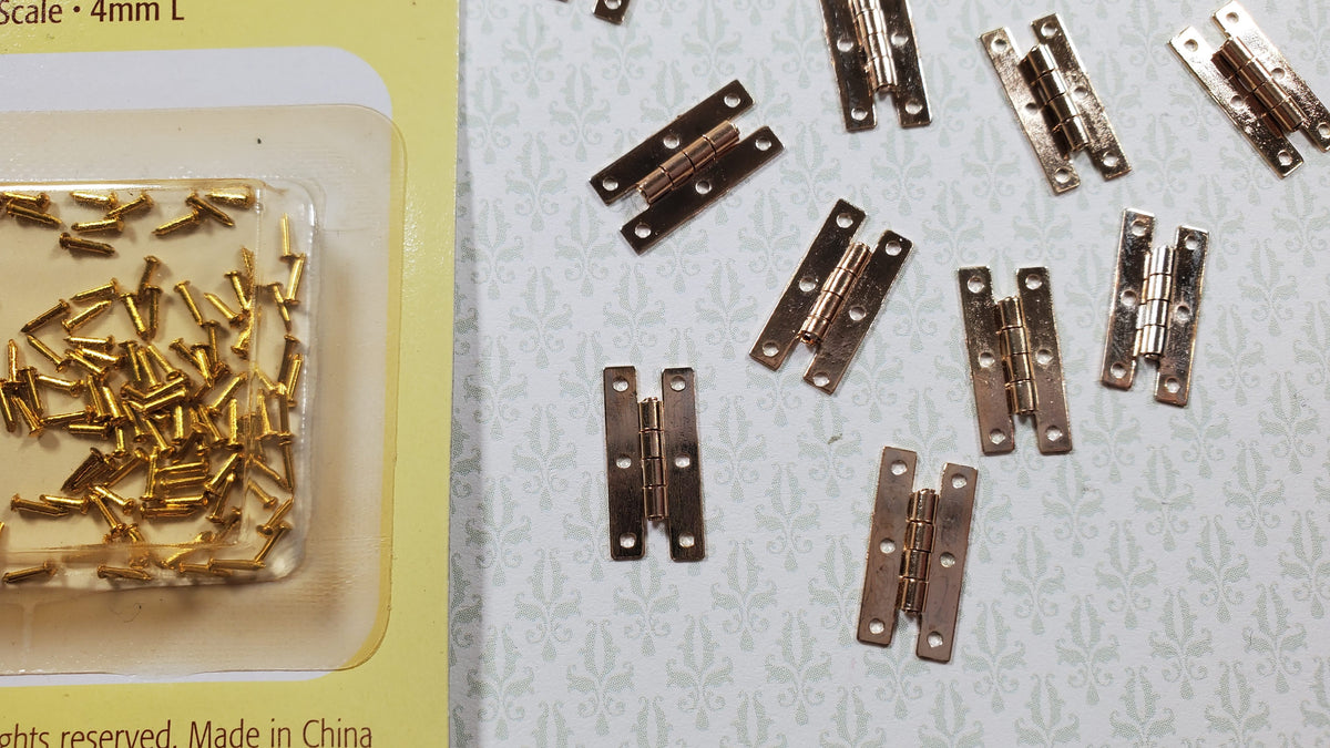 Dollhouse H Hinges Working Brass Gold x12 Gold 1:12 Scale Miniature with Nails