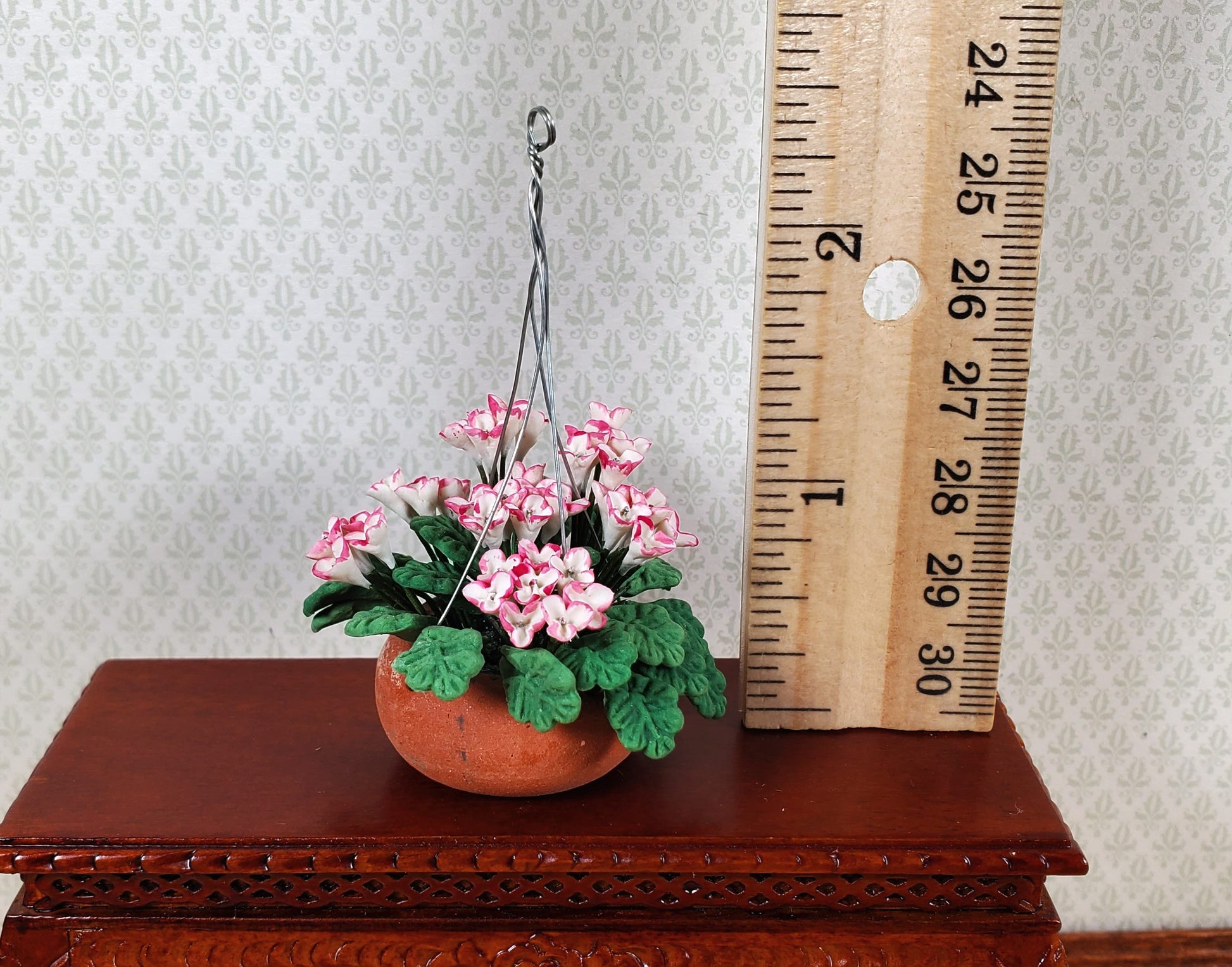Dollhouse Pink & White Flowers in a Clay Hanging Planter 1:12 Scale Miniature