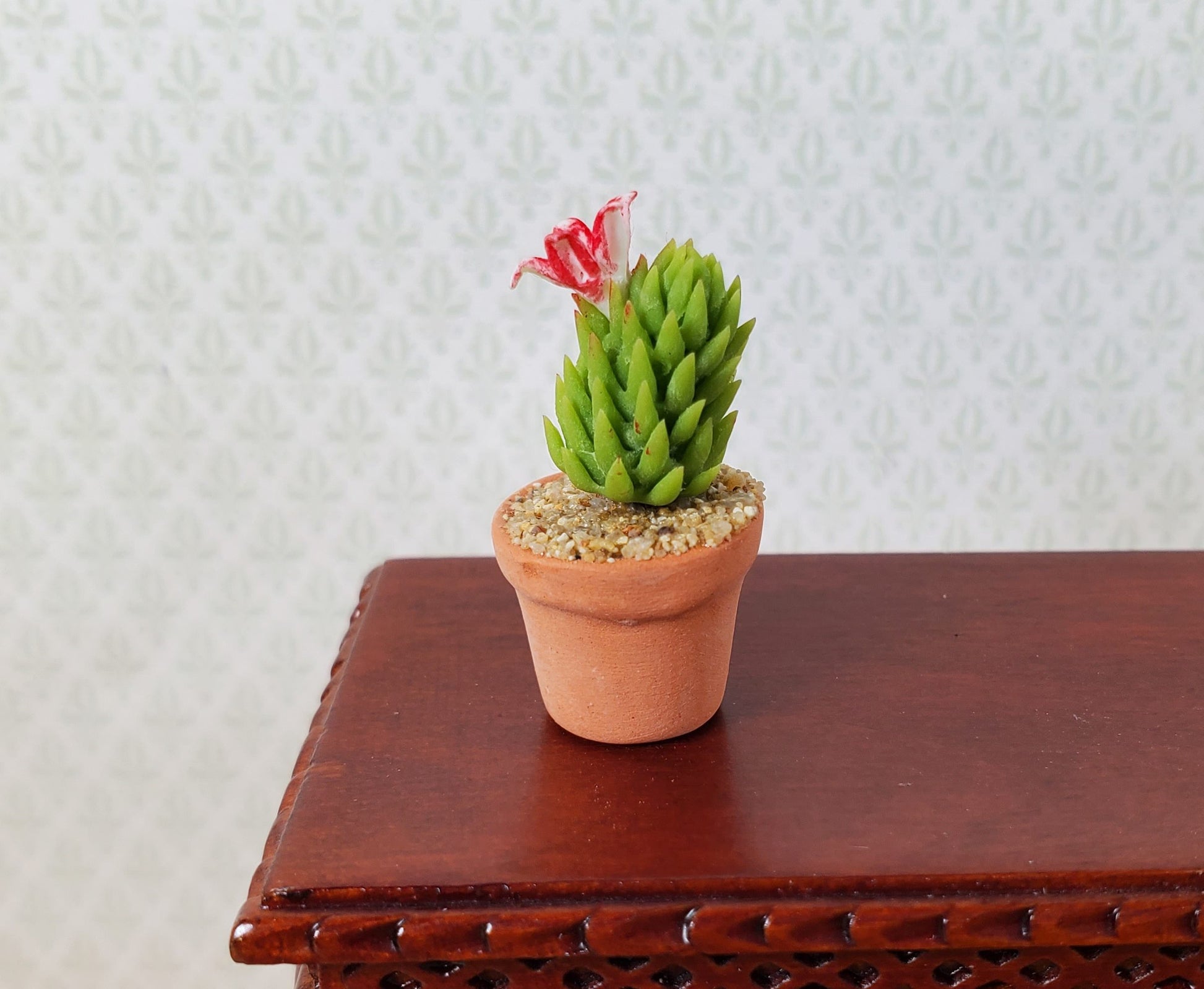 Dollhouse Pink Flowering Cactus Plant in a Terra Cotta Pot 1:12 Scale Miniature
