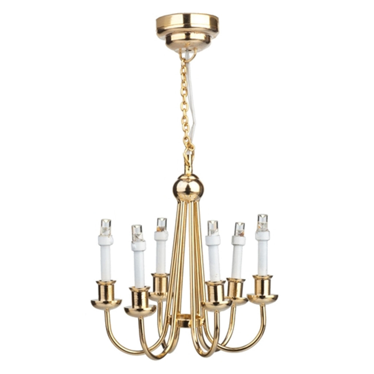 Dollhouse Chandelier LED Battery Operated Gold 6 Arm Light 1:12 Scale Miniature