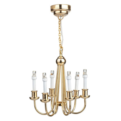 Dollhouse Chandelier LED Battery Operated Gold 6 Arm Light 1:12 Scale Miniature