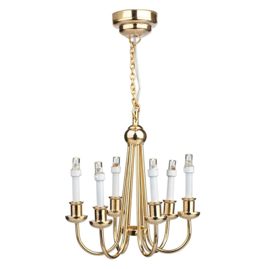 Dollhouse Chandelier LED Battery Operated Gold 6 Arm Light 1:12 Scale Miniature