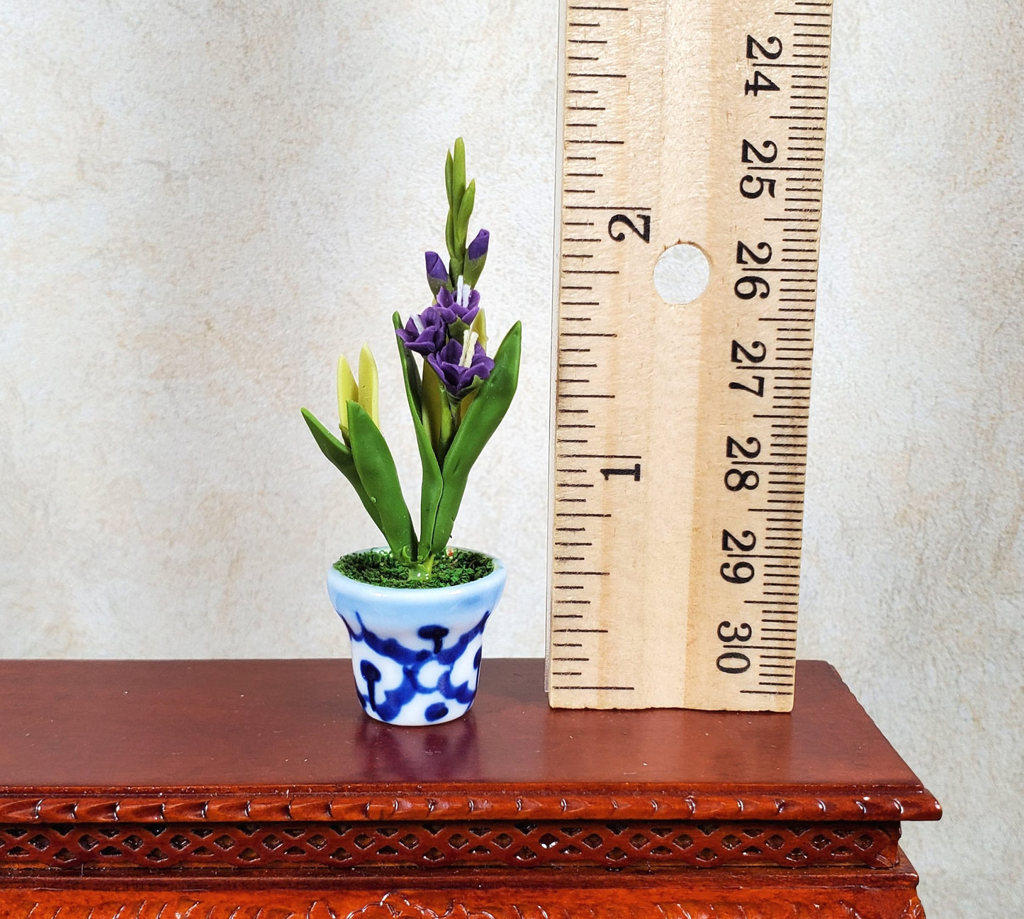 Dollhouse Purple Gladiolas in Blue & White Ceramic Pot 1:12 Scale Miniature