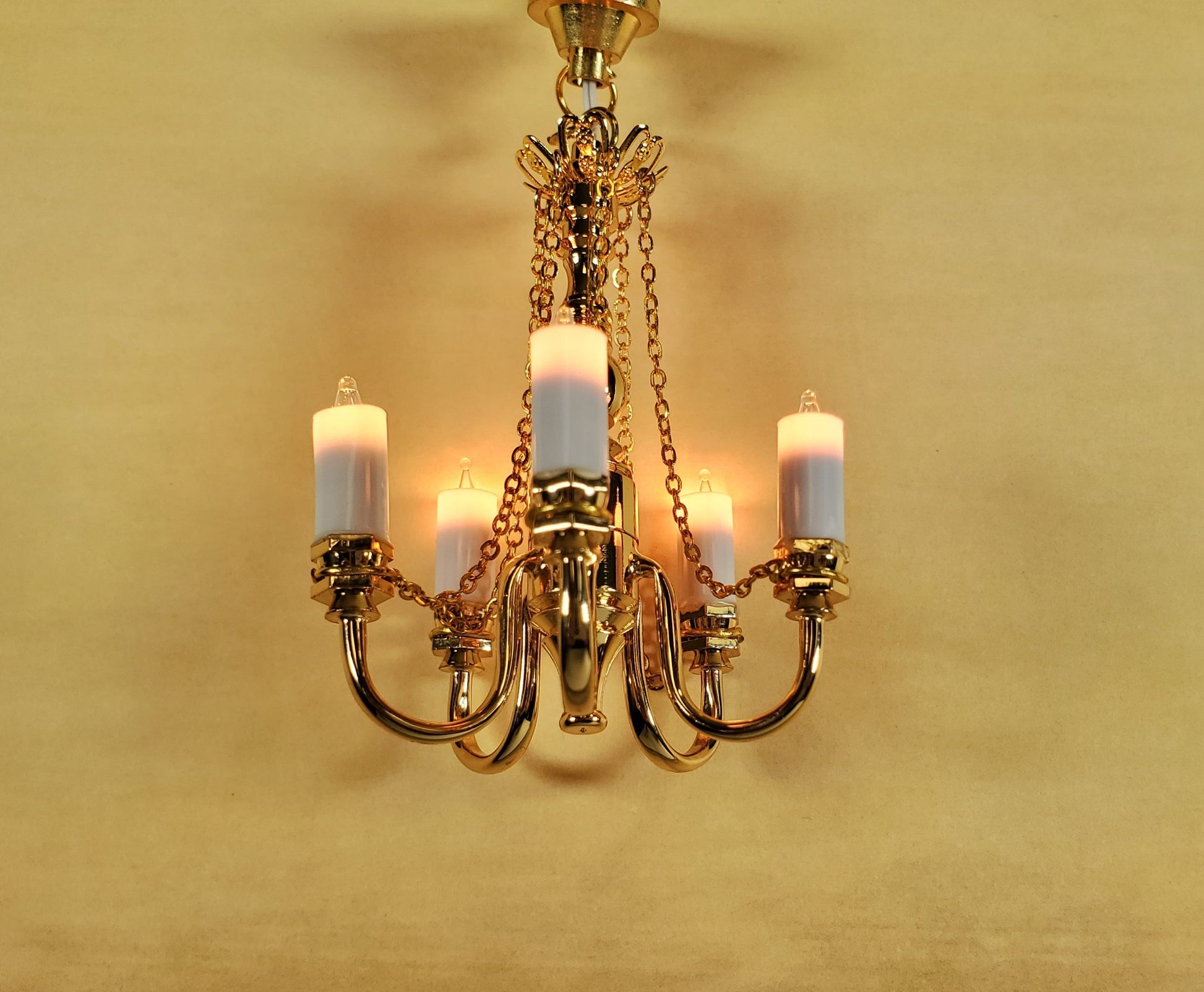 Dollhouse Candle Chandelier Gold 5 Arm 1:12 Scale Miniature 12 Volt with Plug