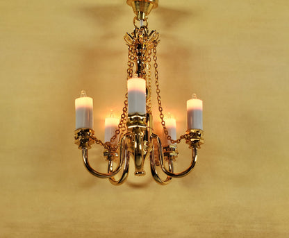 Dollhouse Candle Chandelier Gold 5 Arm 1:12 Scale Miniature 12 Volt with Plug
