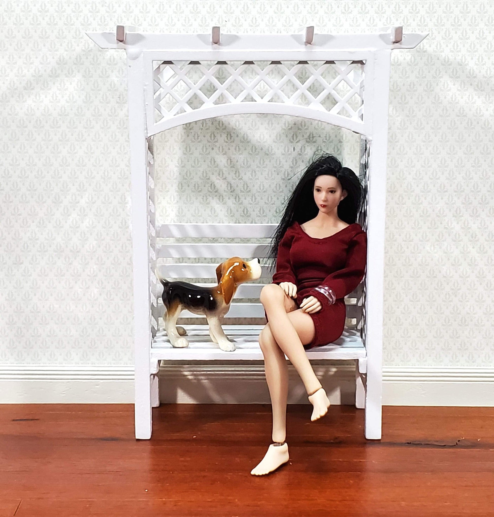 Dollhouse Garden Arbor Bench with Trellis for Flowers White Wood 1:12 Scale Miniature