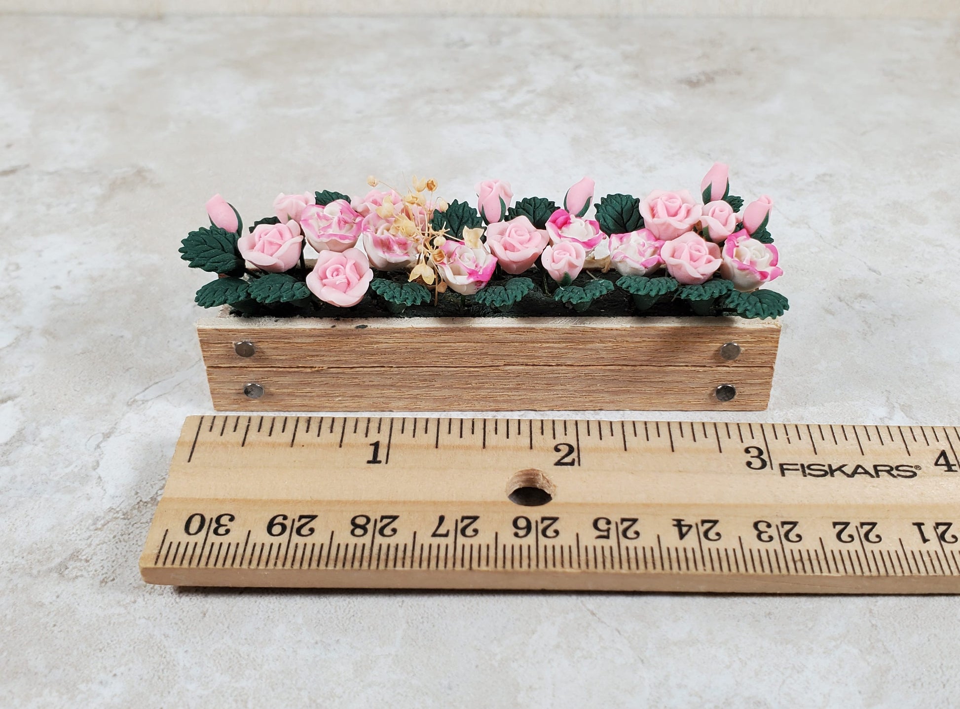 Dollhouse Pink Roses in a 3.25" Window Box Planter 1:12 Scale Miniature