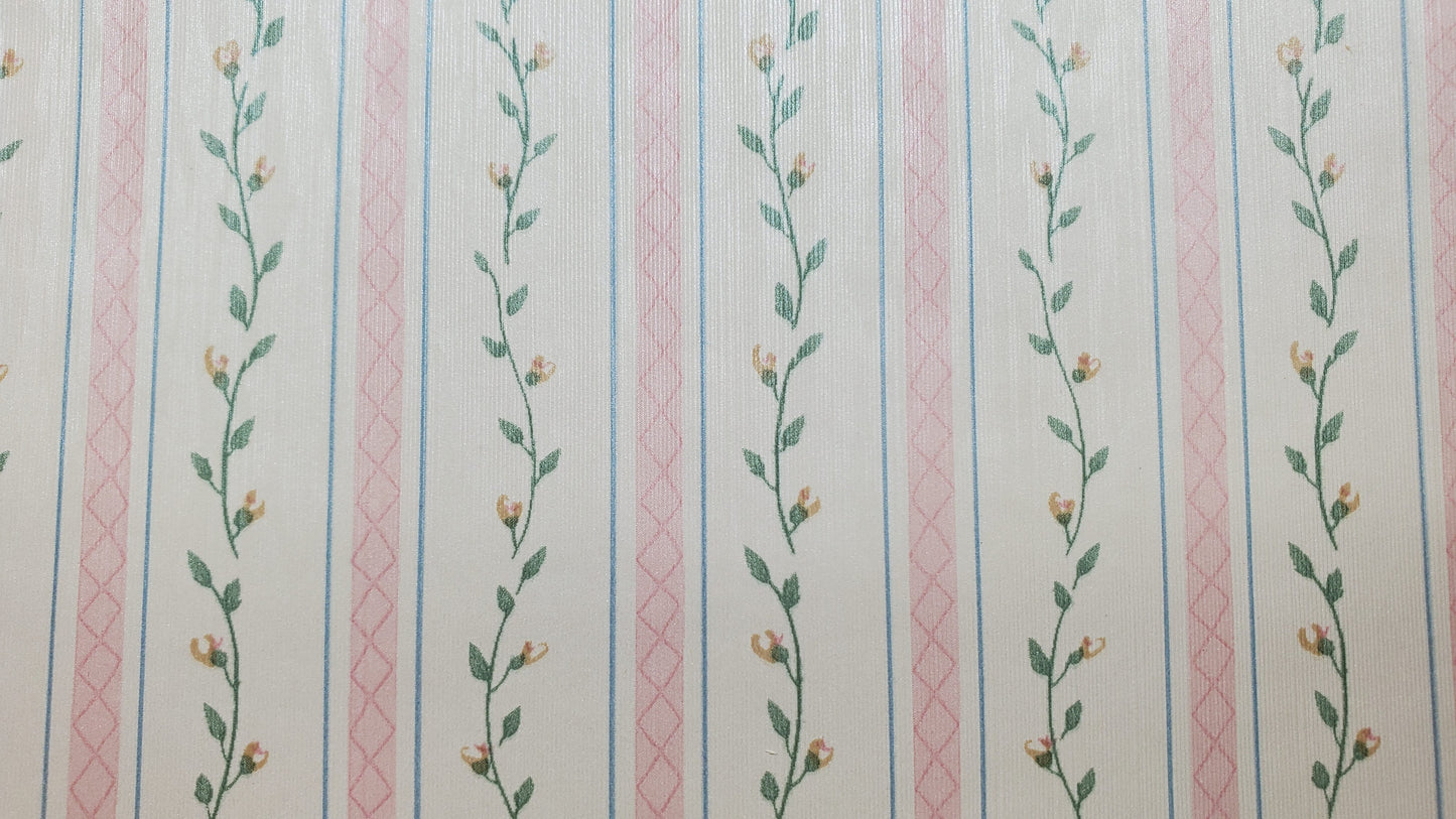 Dollhouse Wallpaper Pink Strip Floral Vine 3 Sheets 1:12 Scale Cream Pink Green